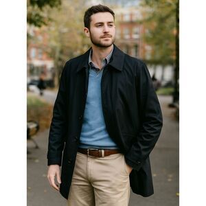 Lands End Trench Coat Mens Size Large 42-44 Navy Lined Single Breasted Classic